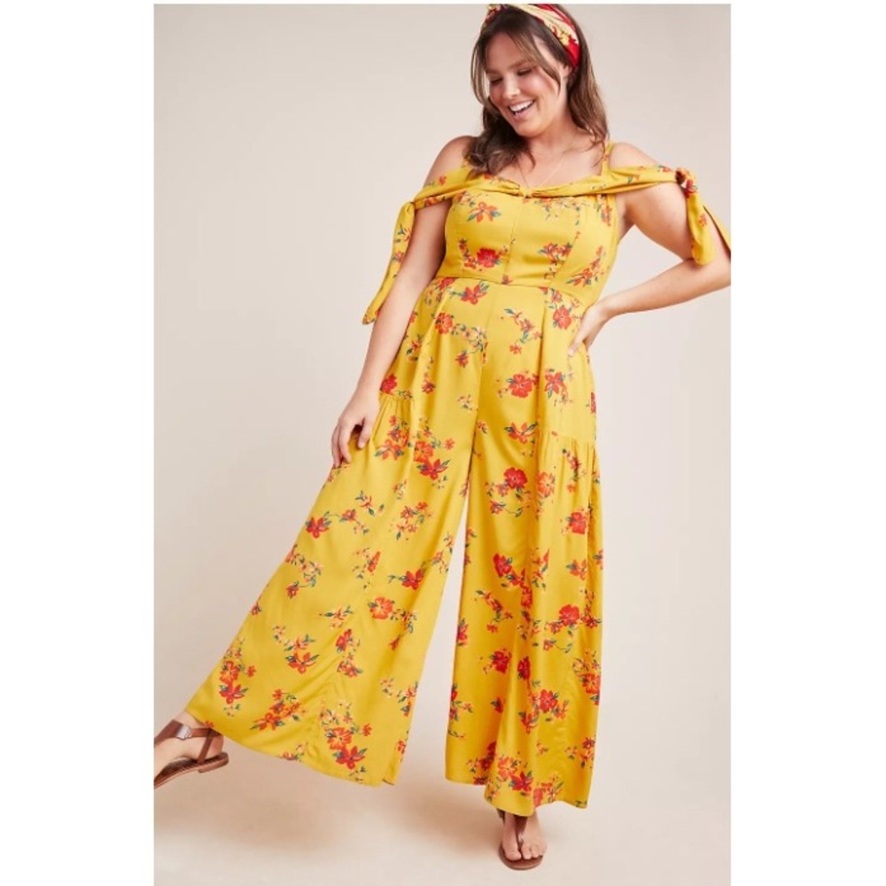 Anthropologie Size 14 Londonberry Jumpsuit Floral Wide Leg Yellow Boho Garden